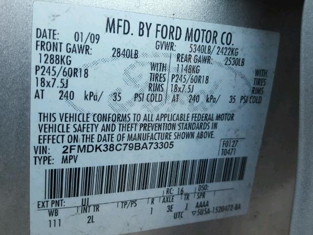 2FMDK38C79BA73305 - 2009 FORD EDGE SEL SILVER photo 10