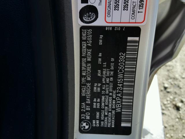 WBXPA73415WC50392 - 2005 BMW X3 2.5I SILVER photo 10