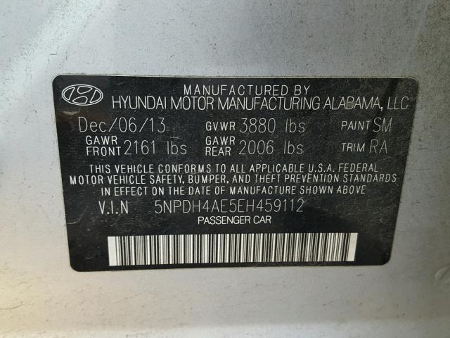 5NPDH4AE5EH459112 - 2014 HYUNDAI ELANTRA SE SILVER photo 10