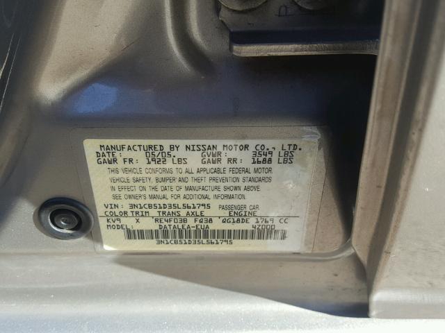 3N1CB51D35L561795 - 2005 NISSAN SENTRA 1.8 TAN photo 10