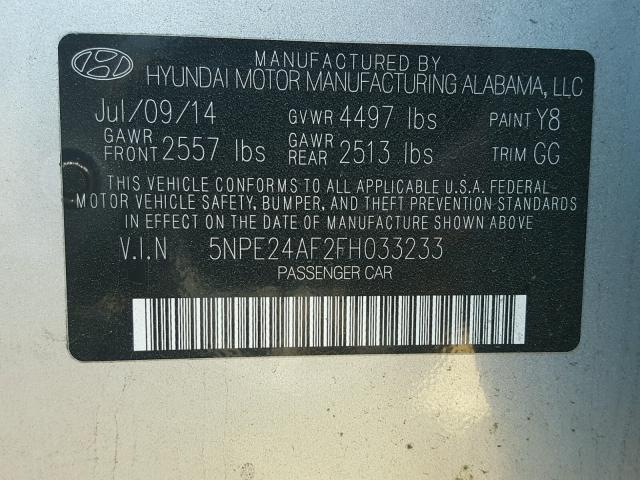 5NPE24AF2FH033233 - 2015 HYUNDAI SONATA SE SILVER photo 10