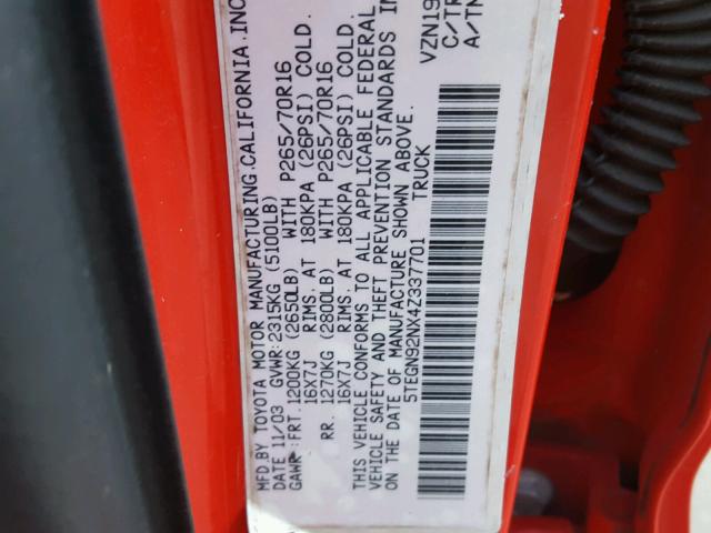 5TEGN92NX4Z337701 - 2004 TOYOTA TACOMA DOU RED photo 10