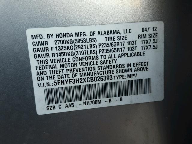 5FNYF3H2XCB026393 - 2012 HONDA PILOT LX SILVER photo 10