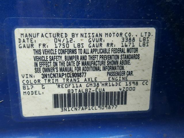 3N1CN7AP1CL909877 - 2012 NISSAN VERSA S BLUE photo 10