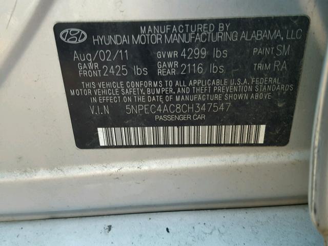 5NPEC4AC8CH347547 - 2012 HYUNDAI SONATA SE SILVER photo 10