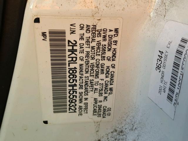 2HKRL18651H559321 - 2001 HONDA ODYSSEY EX WHITE photo 10