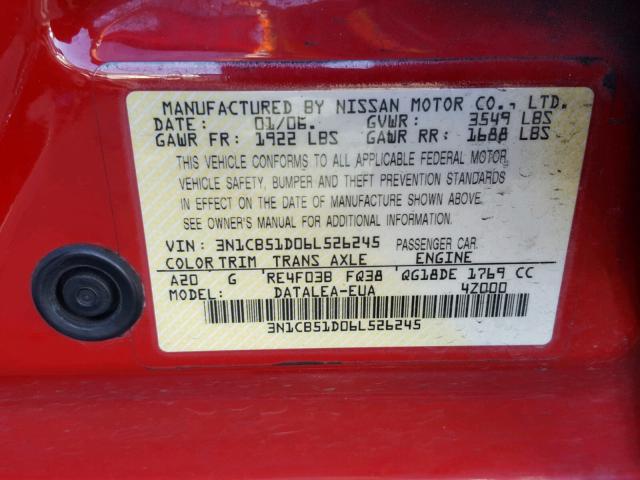 3N1CB51D06L526245 - 2006 NISSAN SENTRA 1.8 RED photo 10