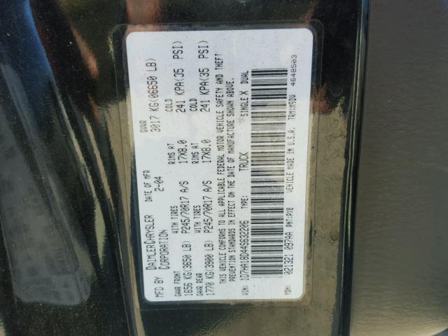 1D7HA18D44S632206 - 2004 DODGE RAM 1500 S BLACK photo 10