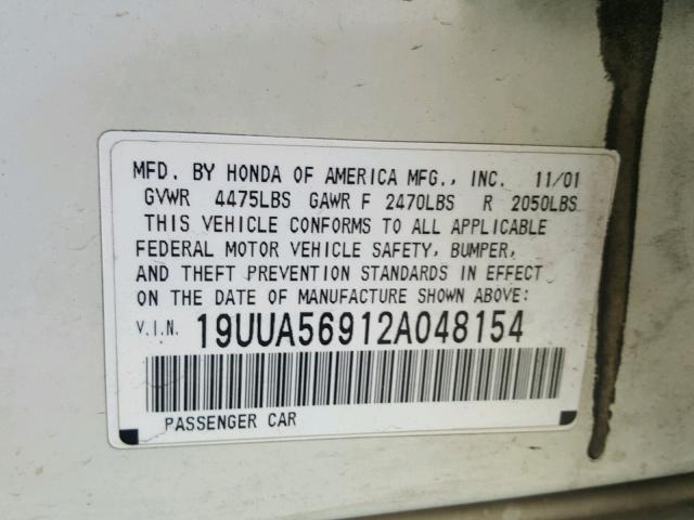 19UUA56912A048154 - 2002 ACURA 3.2TL TYPE WHITE photo 10