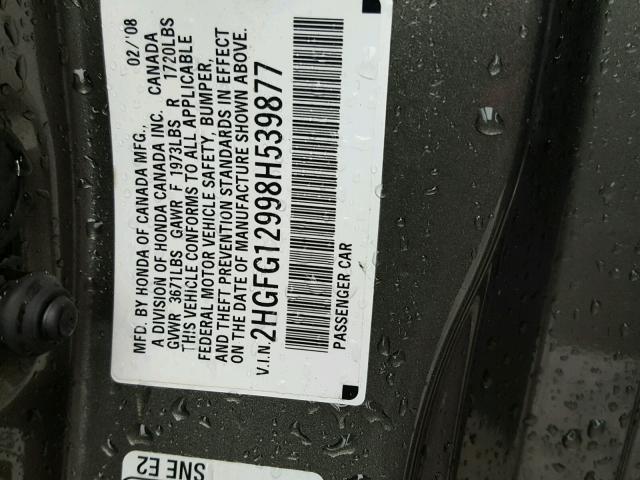 2HGFG12998H539877 - 2008 HONDA CIVIC EXL GRAY photo 10