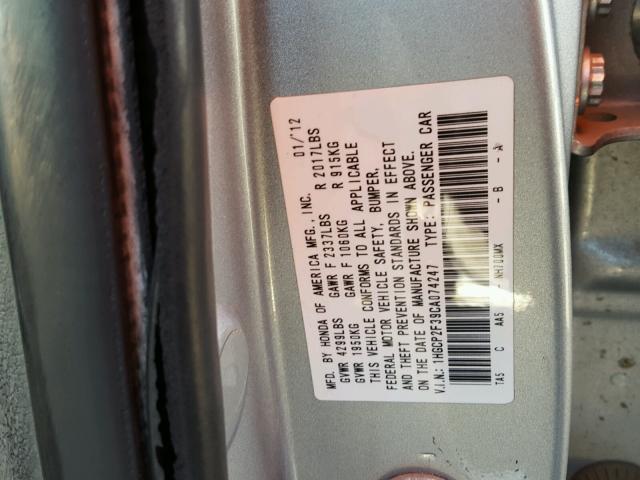 1HGCP2F39CA074247 - 2012 HONDA ACCORD LX SILVER photo 10