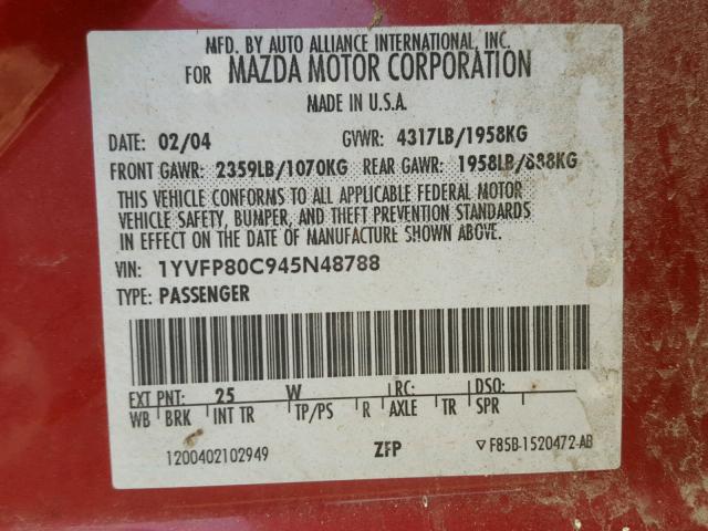 1YVFP80C945N48788 - 2004 MAZDA 6 I RED photo 10