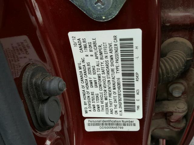 2HGFB2F87CH608516 - 2012 HONDA CIVIC EX MAROON photo 10