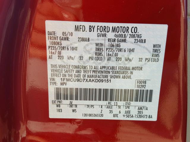 1FMCU9D7XAKD09151 - 2010 FORD ESCAPE XLT RED photo 10