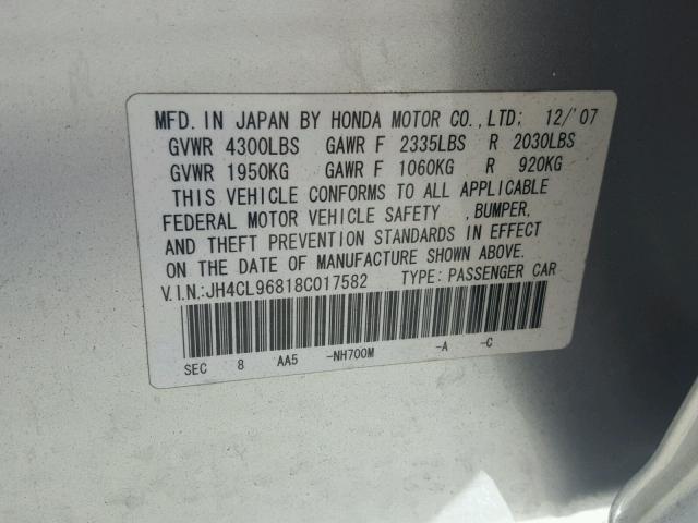JH4CL96818C017582 - 2008 ACURA TSX SILVER photo 10