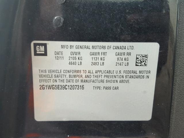 2G1WG5E39C1207316 - 2012 CHEVROLET IMPALA LT BLACK photo 10