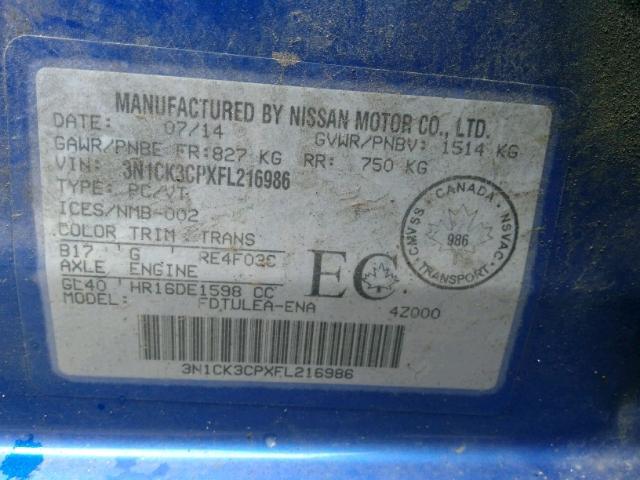 3N1CK3CPXFL216986 - 2015 NISSAN MICRA BLUE photo 9