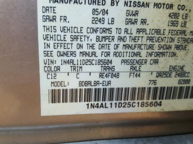 1N4AL11D25C185604 - 2005 NISSAN ALTIMA S GOLD photo 10