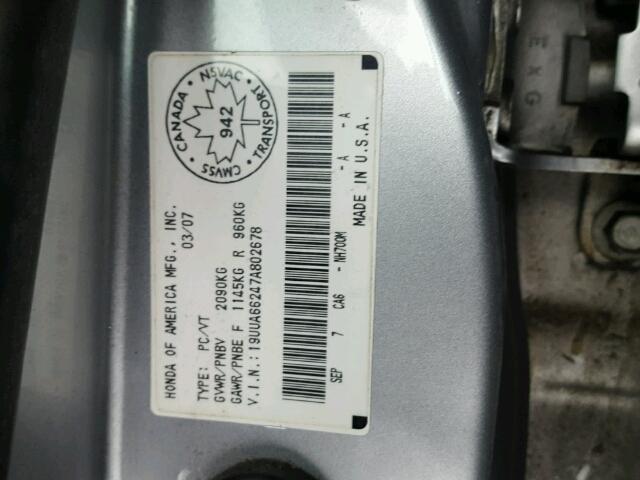 19UUA66247A802678 - 2007 ACURA TL SILVER photo 10