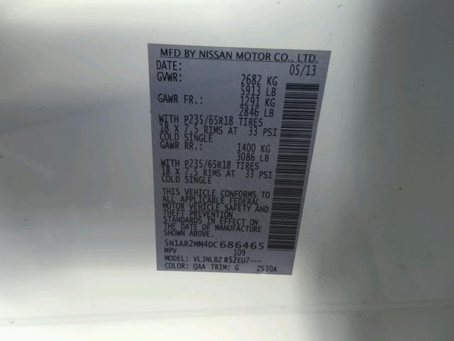 5N1AR2MM4DC686465 - 2013 NISSAN PATHFINDER WHITE photo 10