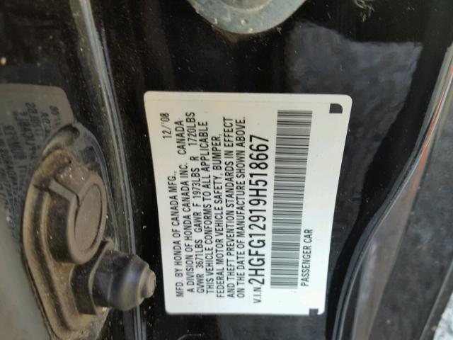 2HGFG12919H518667 - 2009 HONDA CIVIC EXL BLACK photo 10