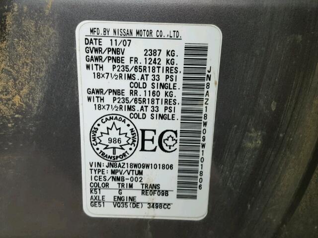 JN8AZ18W09W101806 - 2009 NISSAN MURANO S GRAY photo 10