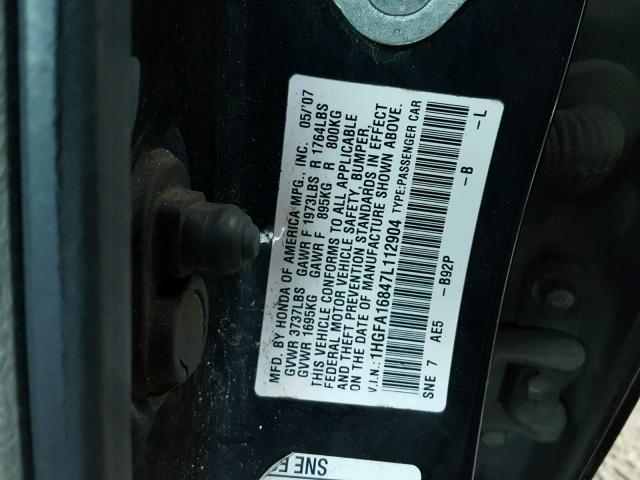 1HGFA16847L112904 - 2007 HONDA CIVIC EX BLACK photo 10