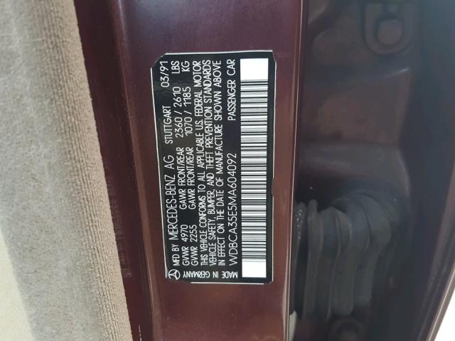 WDBCA35E5MA604092 - 1991 MERCEDES-BENZ 420 SEL MAROON photo 10