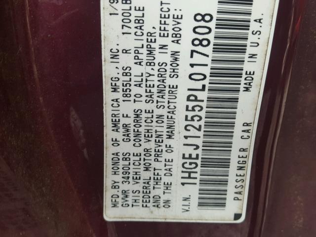 1HGEJ1255PL017808 - 1993 HONDA CIVIC EX 紫色 照片 10