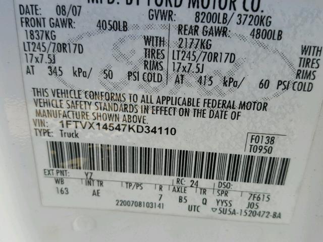 1FTVX14547KD34110 - 2007 FORD F150 WHITE photo 10