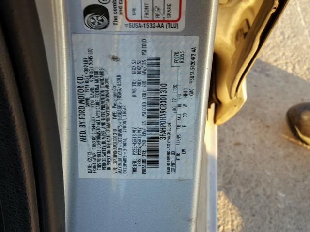 3FAHP0HA9CR301310 - 2012 FORD FUSION SE SILVER photo 10