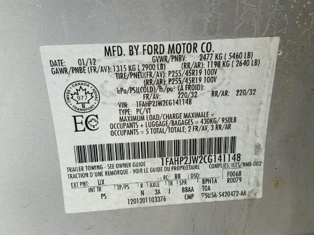 1FAHP2JW2CG141148 - 2012 FORD TAURUS LIM SILVER photo 10