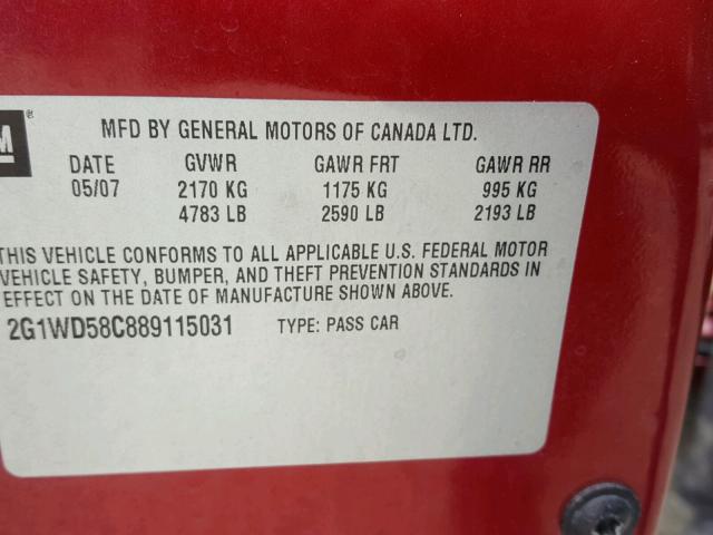 2G1WD58C889115031 - 2008 CHEVROLET IMPALA SUP 红色 照片 10