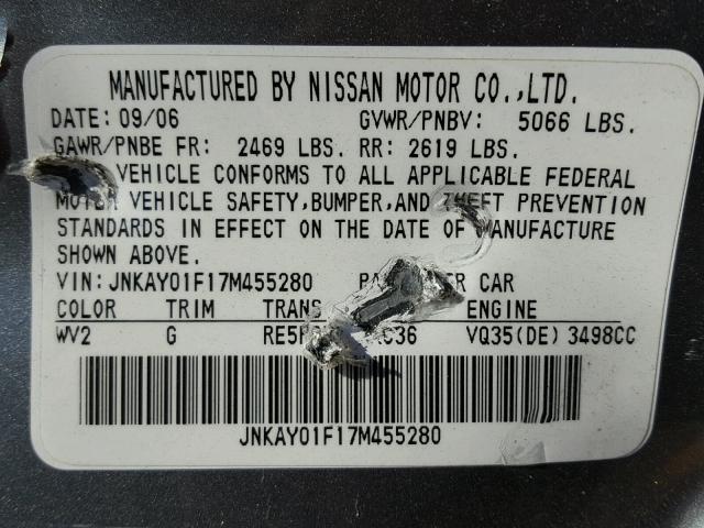 JNKAY01F17M455280 - 2007 INFINITI M35 BASE GRAY photo 10