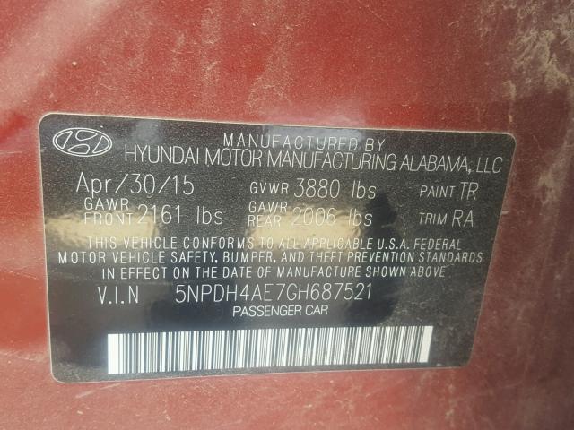 5NPDH4AE7GH687521 - 2016 HYUNDAI ELANTRA SE RED photo 10