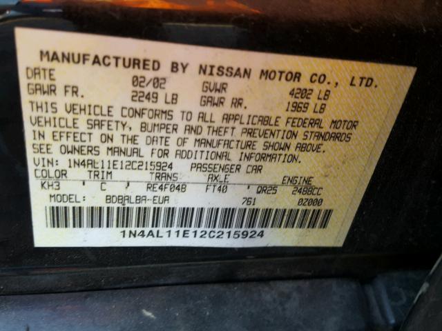 1N4AL11E12C215924 - 2002 NISSAN ALTIMA BAS BLACK photo 10