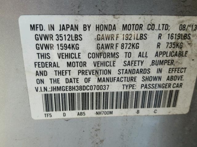 JHMGE8H38DC070037 - 2013 HONDA FIT SILVER photo 10