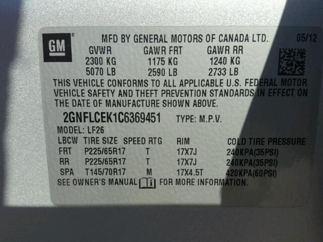 2GNFLCEK1C6369451 - 2012 CHEVROLET EQUINOX LS SILVER photo 10