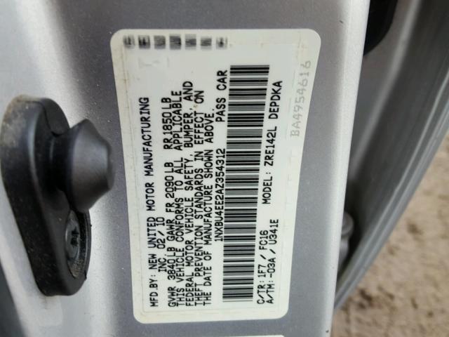 1NXBU4EE2AZ354312 - 2010 TOYOTA COROLLA BA SILVER photo 10