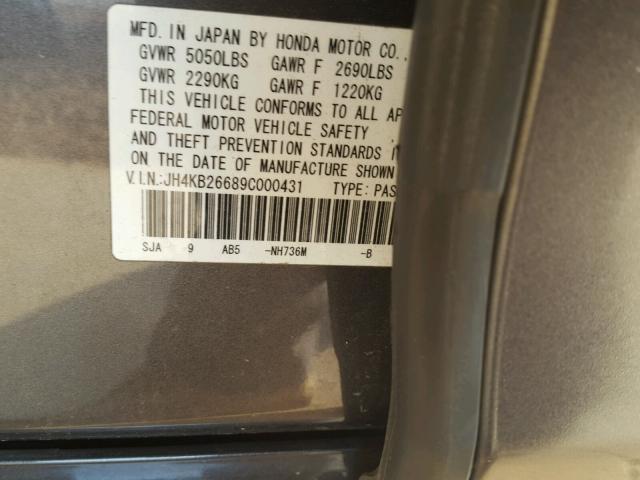 JH4KB26689C000431 - 2009 ACURA RL GRAY photo 10