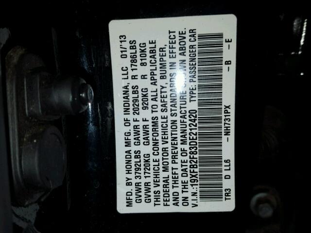 19XFB2F83DE212420 - 2013 HONDA CIVIC EX 黑色 照片 10