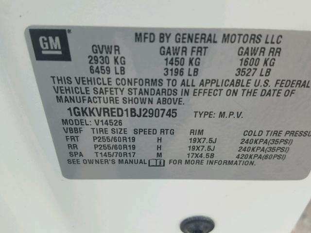 1GKKVRED1BJ290745 - 2011 GMC ACADIA SLT Ağ foto 10