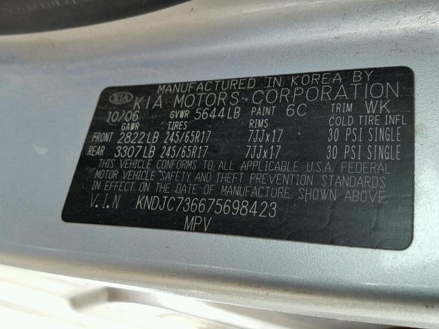 KNDJC736675698423 - 2007 KIA SORENTO EX SILVER photo 10