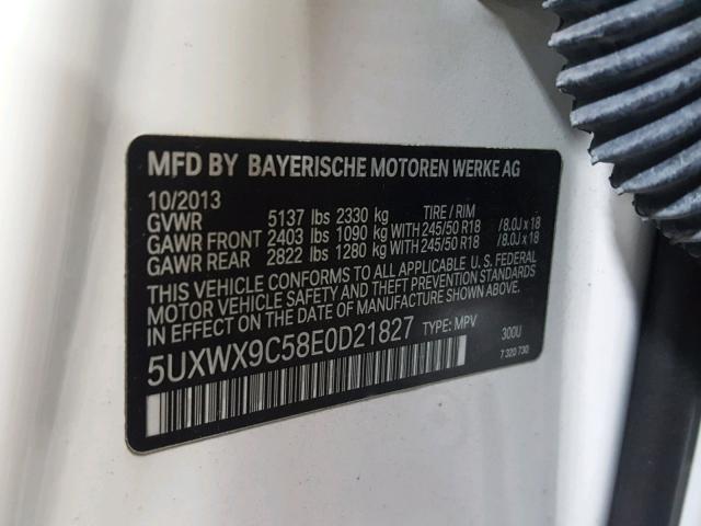 5UXWX9C58E0D21827 - 2014 BMW X3 XDRIVE2 WHITE photo 10