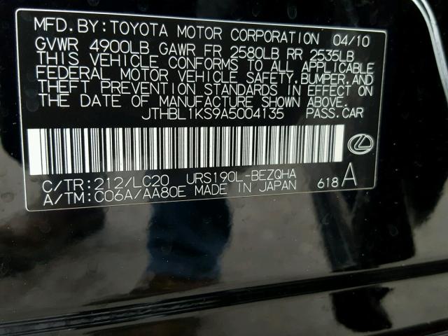 JTHBL1KS9A5004135 - 2010 LEXUS GS 460 BLACK photo 10