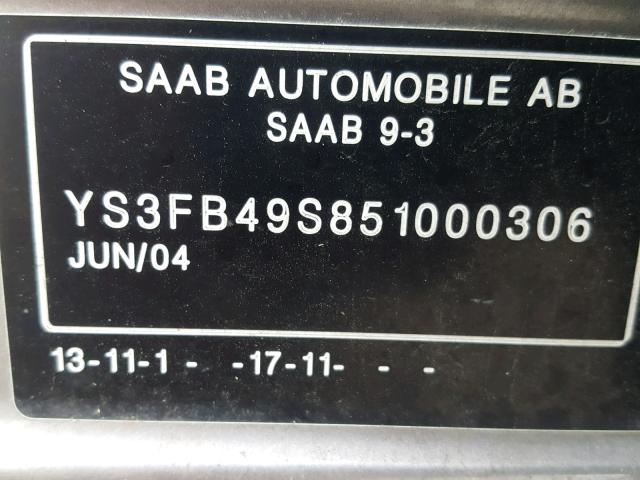 YS3FB49S851000306 - 2005 SAAB 9-3 LINEAR GRAY photo 10