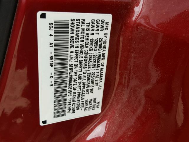 5FNRL18084B081510 - 2004 HONDA ODYSSEY EX MAROON photo 10