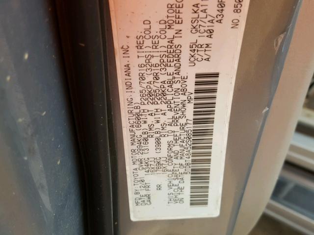 5TDBT48A52S085177 - 2002 TOYOTA SEQUOIA LI GRAY photo 10