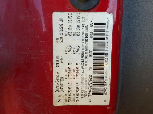 3D7MX46A27G787291 - 2007 DODGE RAM 3500 S RED photo 10