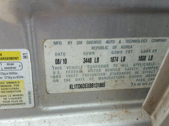 KL1TD6DEXBB131865 - 2011 CHEVROLET AVEO LS SILVER photo 10